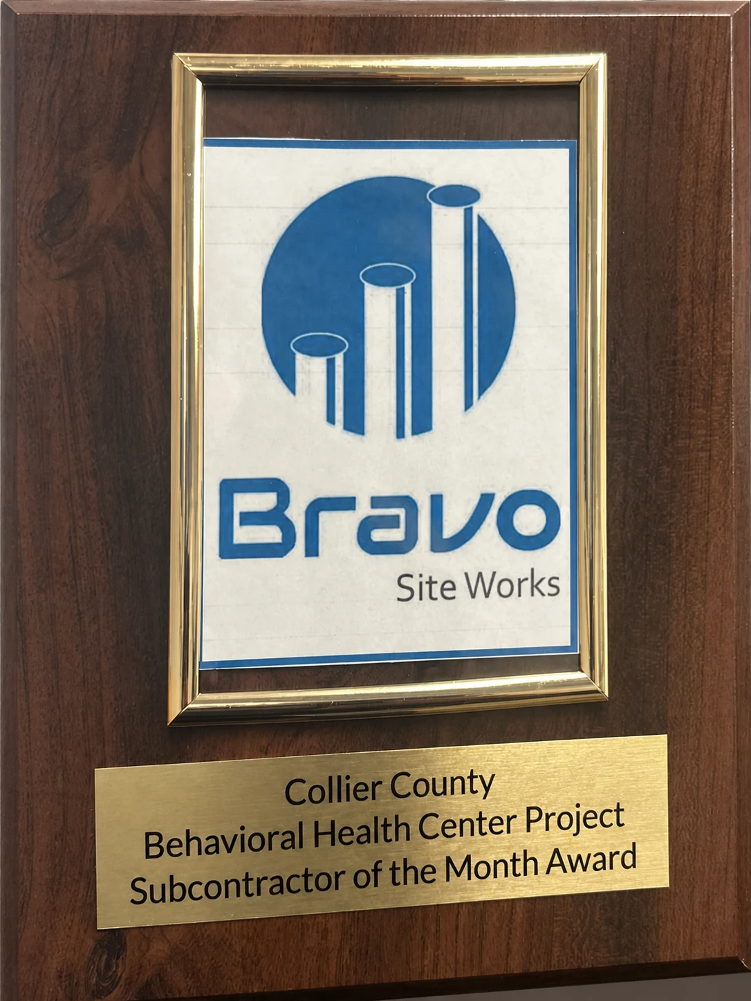 Plaque reading Collier County Behavioral Health Center Project Subcontractor of the Month Award